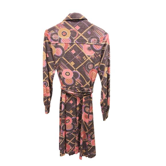Vtg 60s 70s Long Sleeve Geometric Print Belted Dress Size 10 (Runs Small or XS) - Picture 4 of 8